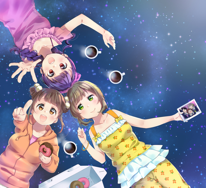 3girls, :d, bangle, bow, bracelet, braid, brown_eyes, brown_hair