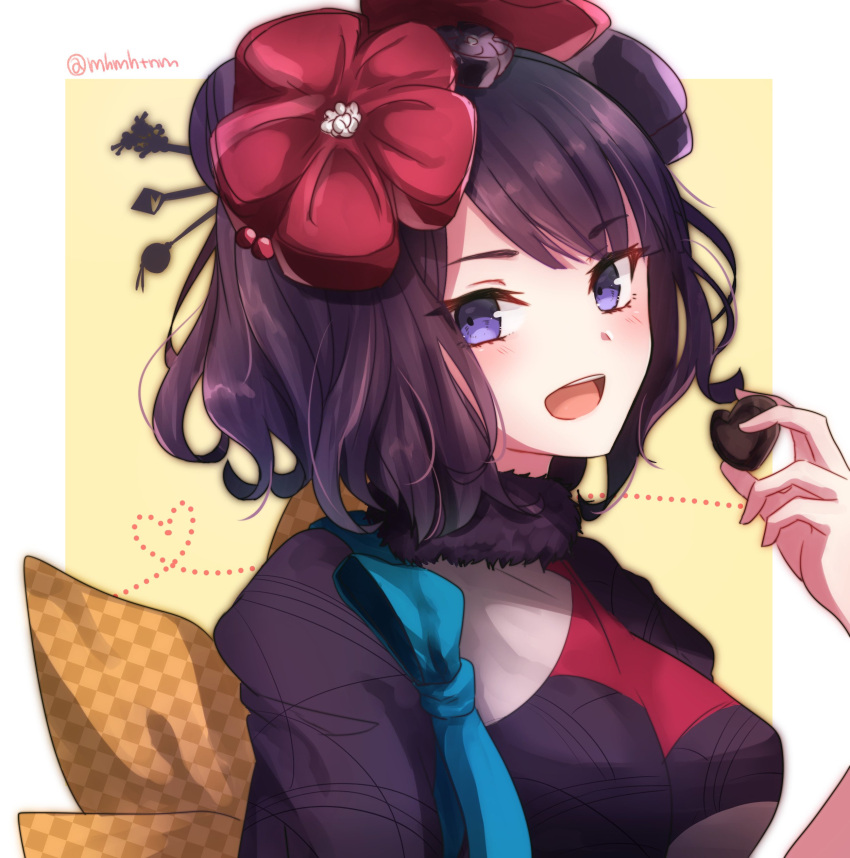 1girl, :d, absurdres, bangs, blue_eyes, blush, chocolate, commentary_request