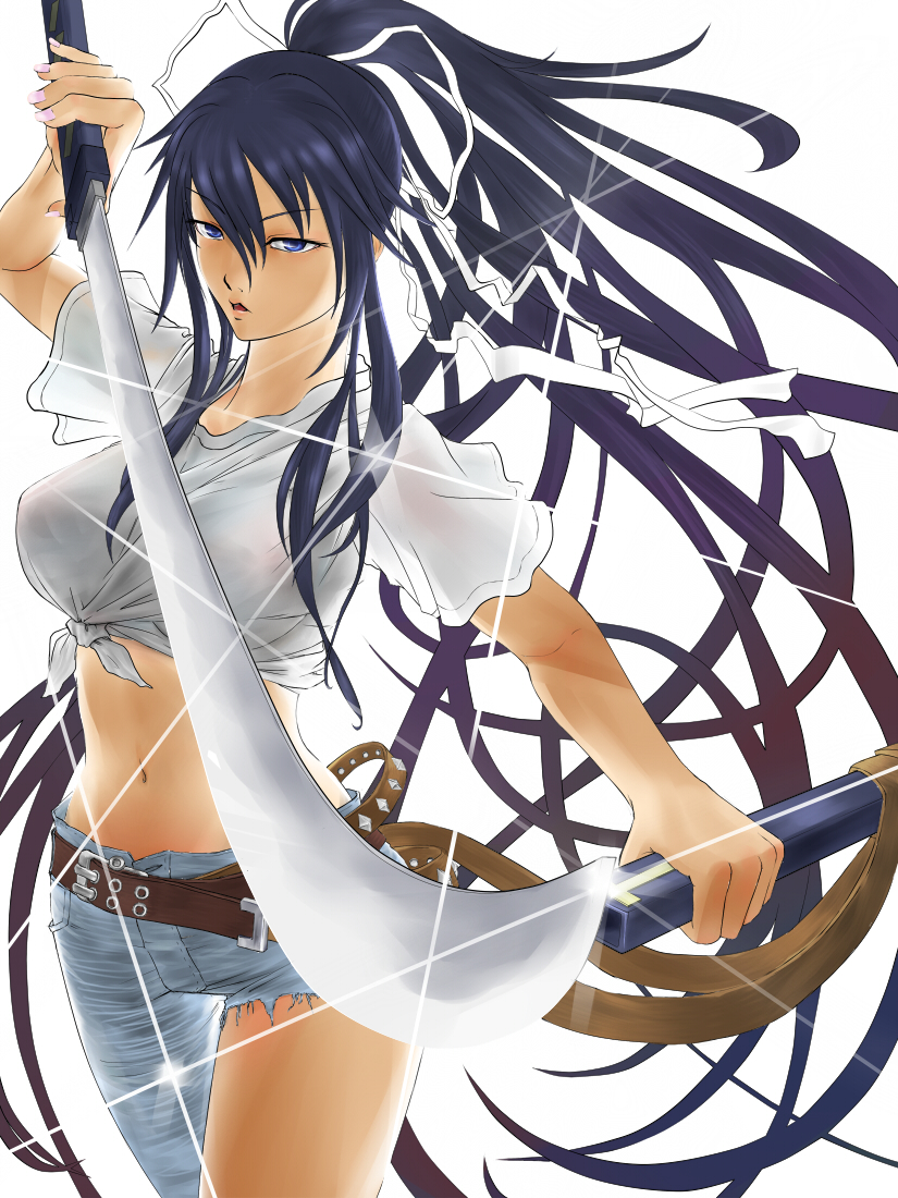 belt, blue_eyes, blue_hair, breasts, cutoffs, hair_ribbon, hair_ribbons, jeans, kanzaki_kaori, large_breasts, long_hair, midriff, navel, one_pantsleg, ponytail, rakugaki_iruka, ribbon, ribbons, single_pantsleg, sword, t-shirt, to_aru_majutsu_no_index, very_long_hair, weapon