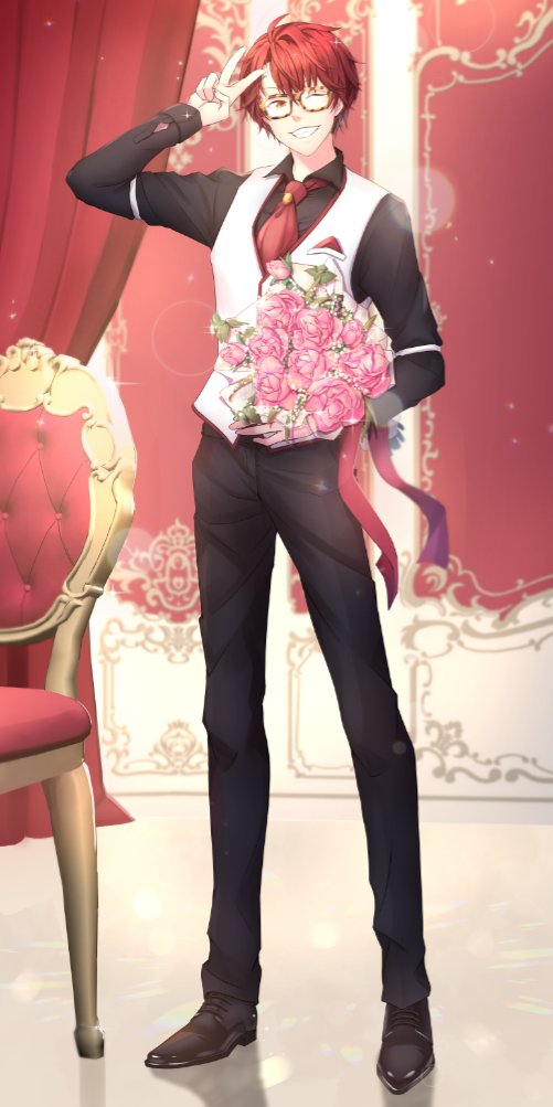 1boy, 707_(susanghan_messenger), blush, bouquet, chair, eyebrows_visible_through_hair, flower, full_body