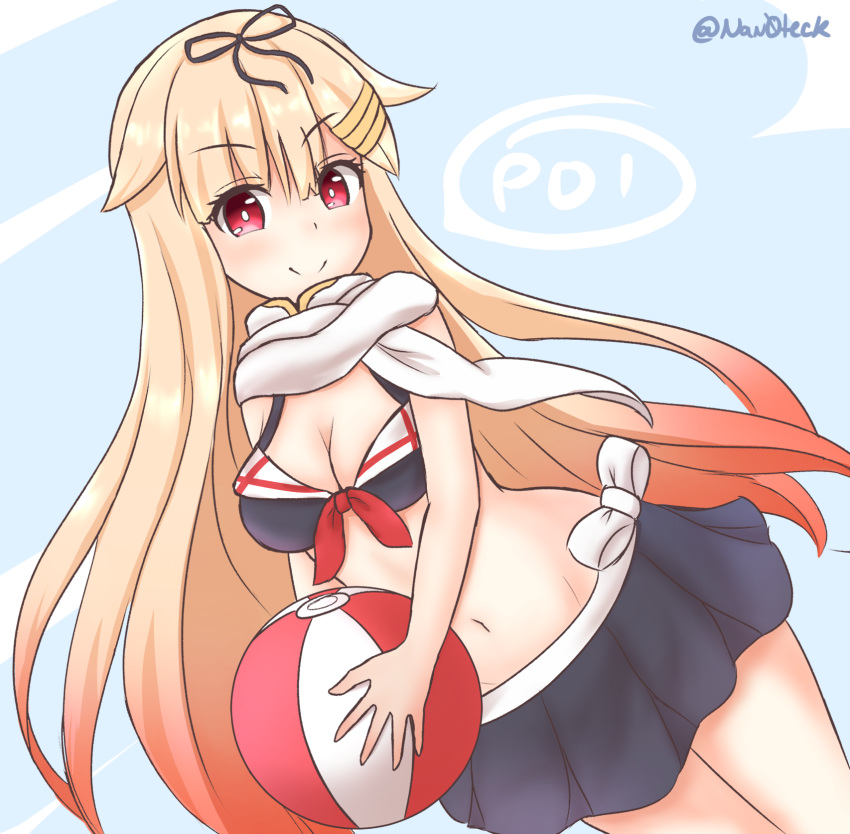 1girl, artist_name, ball, beachball, blonde_hair, blush, breasts, cleavage, closed_mouth, eyebrows_visible_through_hair, highres, holding, holding_ball, kantai_collection, looking_at_viewer, medium_breasts, multicolored_hair, nan0teck, navel, red_eyes, redhead, smile, solo, speech_bubble, swimsuit, twitter_username, two-tone_hair, yuudachi_(kantai_collection)