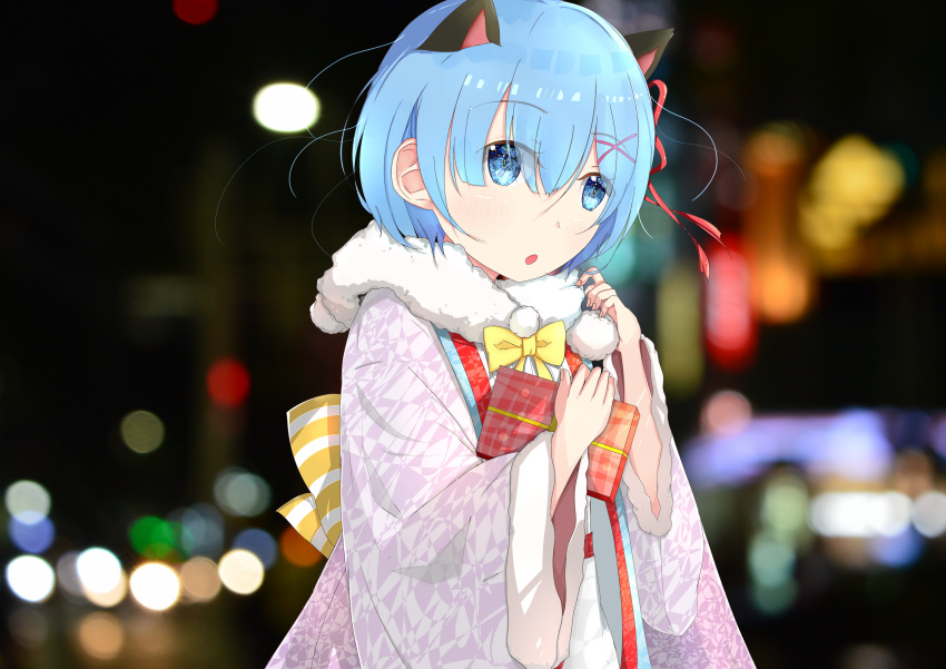 1girl, absurdres, aiqing, animal_ears, blue_eyes, blue_hair, blush, bow, cat_ears, eyebrows_visible_through_hair, fake_animal_ears, gift, hair_ornament, hair_ribbon, highres, looking_at_viewer, new_year, night, outdoors, parted_lips, re:zero_kara_hajimeru_isekai_seikatsu, red_ribbon, rem_(re:zero), ribbon, short_hair, solo, x_hair_ornament, yellow_bow