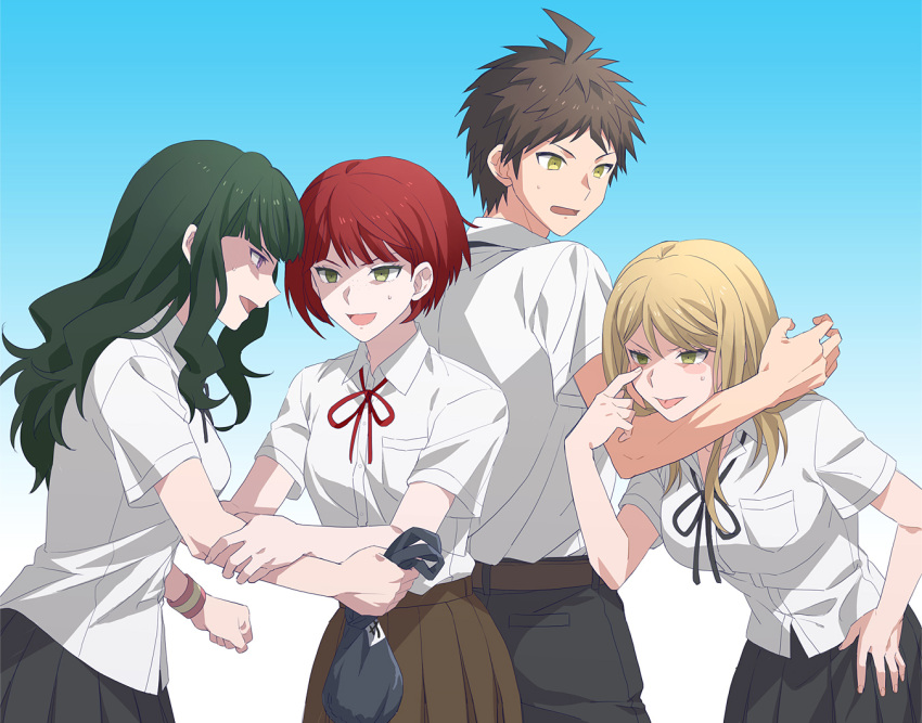 1boy, 3girls, blonde_hair, brown_hair, dangan_ronpa, freckles, green_hair, hinata_hajime, koizumi_mahiru, kuzuryuu_natsumi, long_hair, multiple_boys, multiple_girls, necktie, okuragon, pleated_skirt, redhead, satou_(dangan_ronpa), school_uniform, short_hair, short_sleeves, skirt, smile, super_dangan_ronpa_2, yellow_eyes