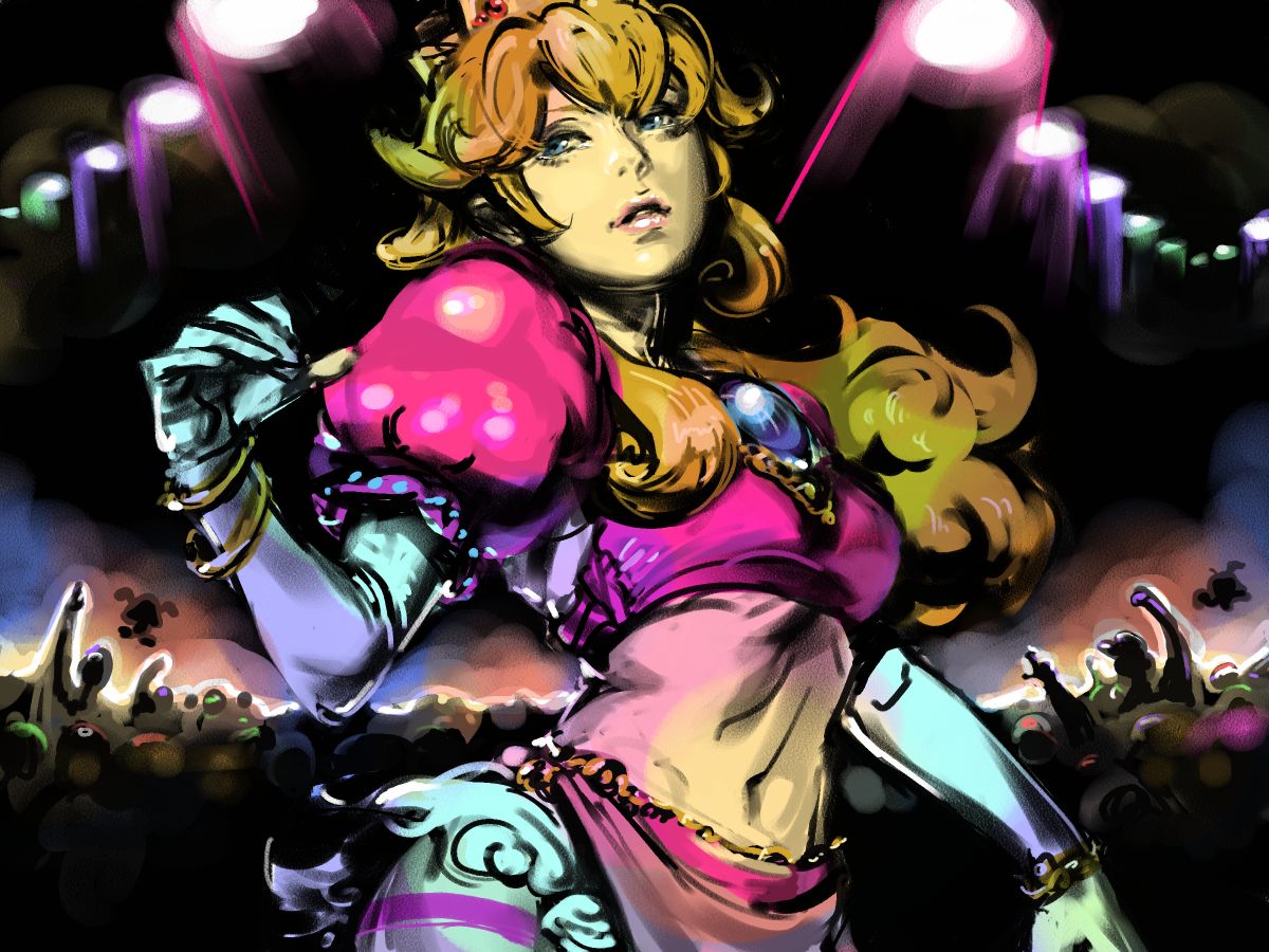 blonde_hair, dancing, midriff, nekoixa, nintendo, princess_peach, rave_party, super_mario_bros., wallpaper