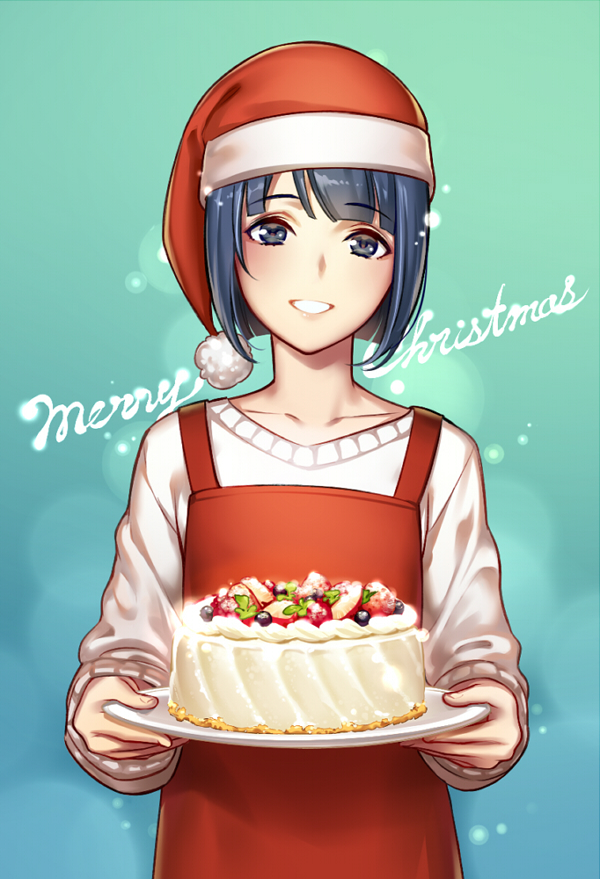 1boy, androgynous, blue_background, blue_eyes, blue_hair, cake, christmas, food, gradient, gradient_background, green_background, hat, holding, holding_food, looking_at_viewer, male_focus, merry_christmas, original, red_hat, santa_hat, shirt, smile, solo, tokie_(tokie-mizu), upper_body, white_shirt
