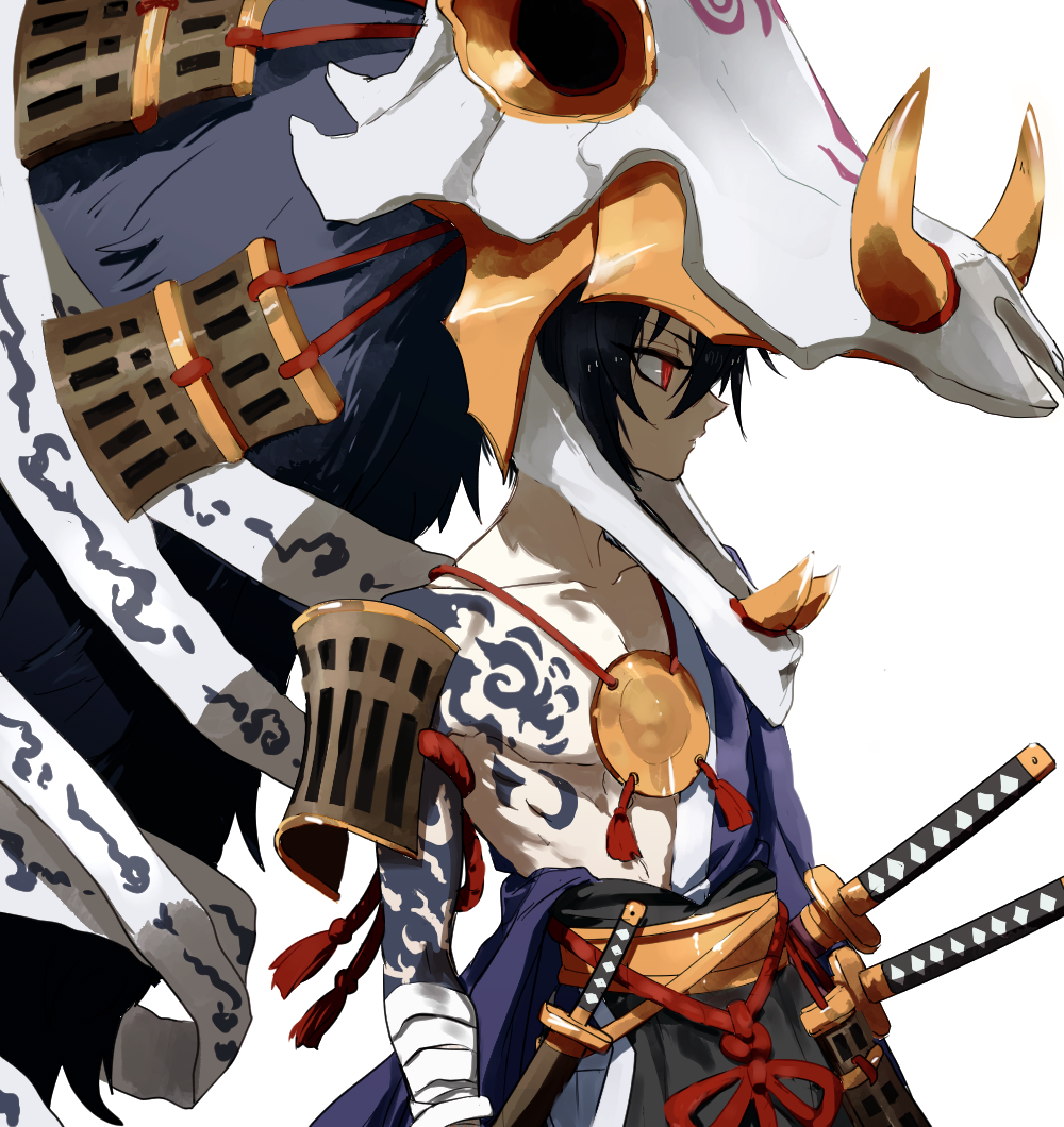 1boy, black_hair, bone, helmet, horns, japanese_clothes, katana, male_focus