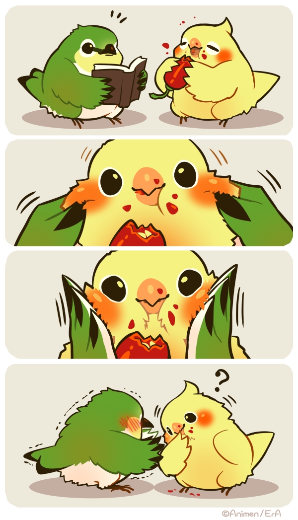 4koma, ?, beach, bird, black_eyes, blush, book, cheek_pinching