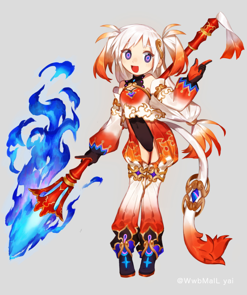 1girl, :d, bare_shoulders, black_leotard, blue_fire, blush, breasts, covered_navel, fire, full_body, gradient_hair, grey_background, groin, highres, holding, holding_weapon, index_finger_raised, leotard, long_hair, low-tied_long_hair, multicolored_hair, open_mouth, original, redhead, simple_background, small_breasts, smile, solo, standing, standing_on_one_leg, tail, twitter_username, two_side_up, very_long_hair, violet_eyes, weapon, white_hair, yai_(hachihito)
