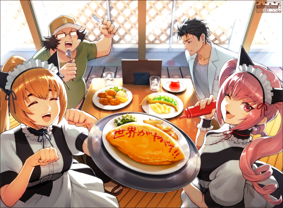 2boys, 2girls, apron, artist_name, banana, baseball_cap, black_hair, blonde_hair