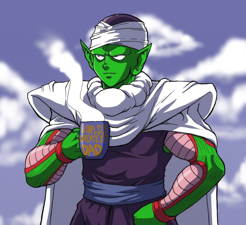 1boy, blue_sky, cape, casual, clouds, cloudy_sky, cup, dragon_ball