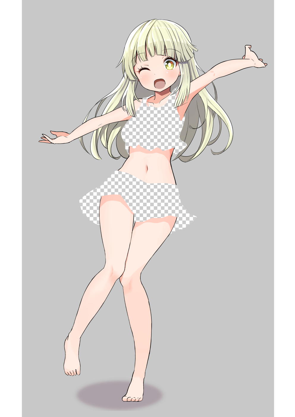 1girl, ;d, bang_dream!, bangs, bare_arms, bare_legs, bare_shoulders, barefoot