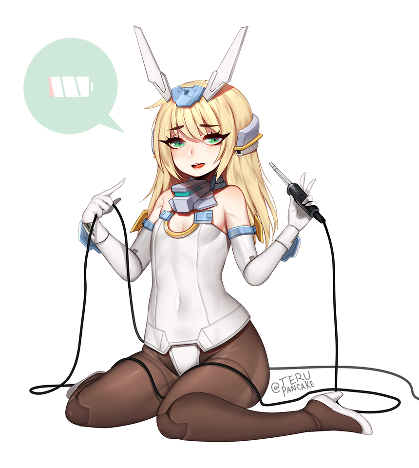 1girl, :d, bare_shoulders, baselard, blonde_hair, breasts, brown_legwear, cable, commentary, covered_navel, elbow_gloves, eyebrows_visible_through_hair, eyes_visible_through_hair, frame_arms_girl, full_body, gloves, green_eyes, headgear, high_heels, leotard, long_hair, looking_at_viewer, mecha_musume, minigirl, open_mouth, pantyhose, plug, pointing, pointing_at_self, shoes, simple_background, sitting, small_breasts, smile, solo, spoken_battery, teru_(renkyu), twitter_username, v, wariza, white_background, white_footwear, white_gloves, white_leotard