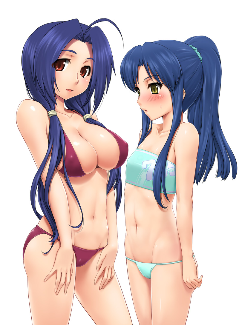 bandeau_bikini, bb, bikini, blush, breast_envy, breasts, flat_chest, hair_ornament