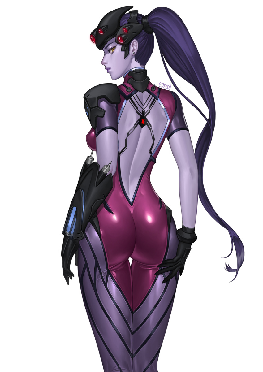 1girl, arms_at_sides, artist_name, ass, back_tattoo, backless_outfit, black_gloves, blizzard_(company)