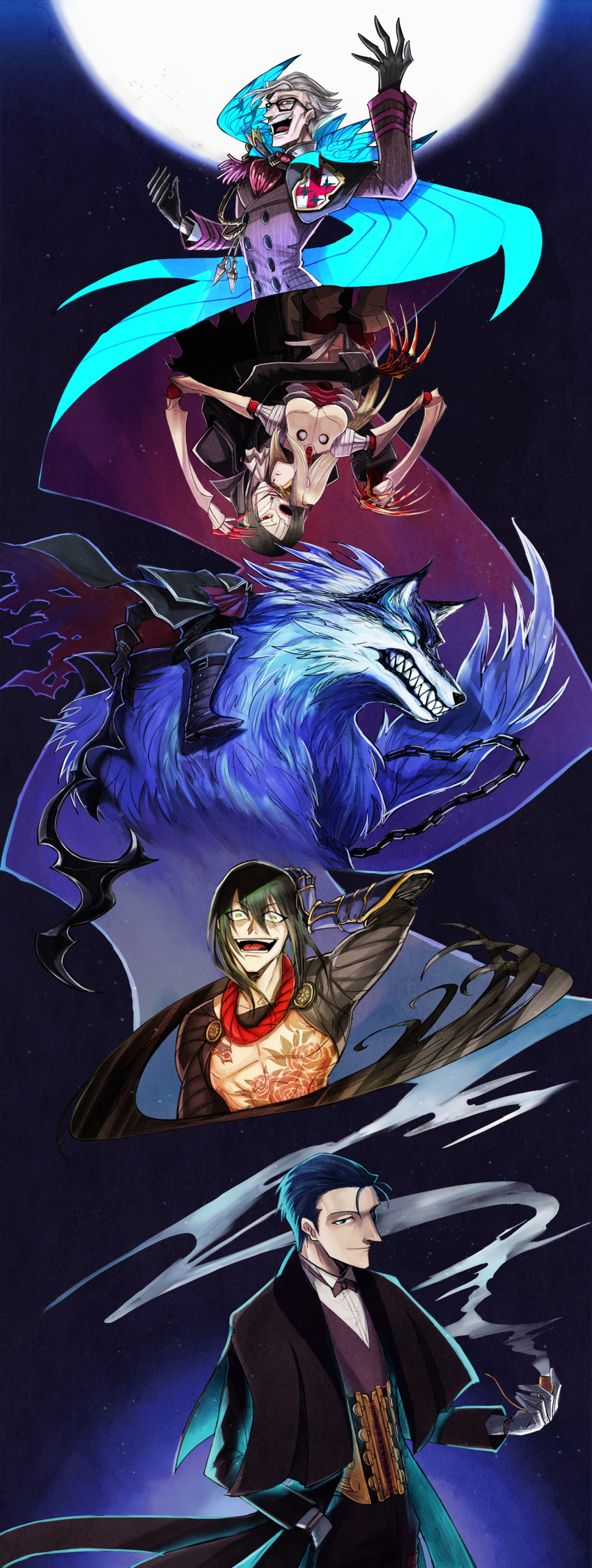 absurdres, android, cape, chains, crazy_smile, facial_hair, fate/grand_order, fate_(series), full_moon, gauntlets, glasses, gupaon, half_mask, hessian_(fate/grand_order), highres, hook_swords, james_moriarty_(fate/grand_order), lobo_(fate/grand_order), mask, moon, mustache, phantom_of_the_opera_(fate/grand_order), pipe, ponytail, sherlock_holmes_(fate/grand_order), smoke, wolf, yan_qing_(fate/grand_order)