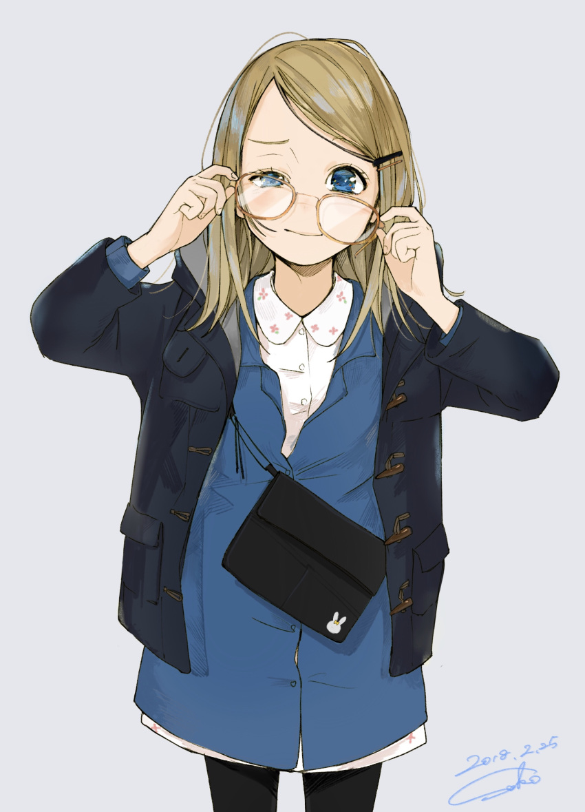 1girl, absurdres, adjusting_eyewear, animal_print, bag, black_legwear, blonde_hair, blue_eyes, bunny_print, cowboy_shot, dated, dress, glasses, grey_background, hair_ornament, hairclip, half-closed_eye, highres, hood, hood_down, hooded_jacket, jacket, long_hair, long_sleeves, looking_at_viewer, original, pantyhose, sako_(user_ndpz5754), signature, simple_background, solo, standing, tareme, yellow-framed_eyewear