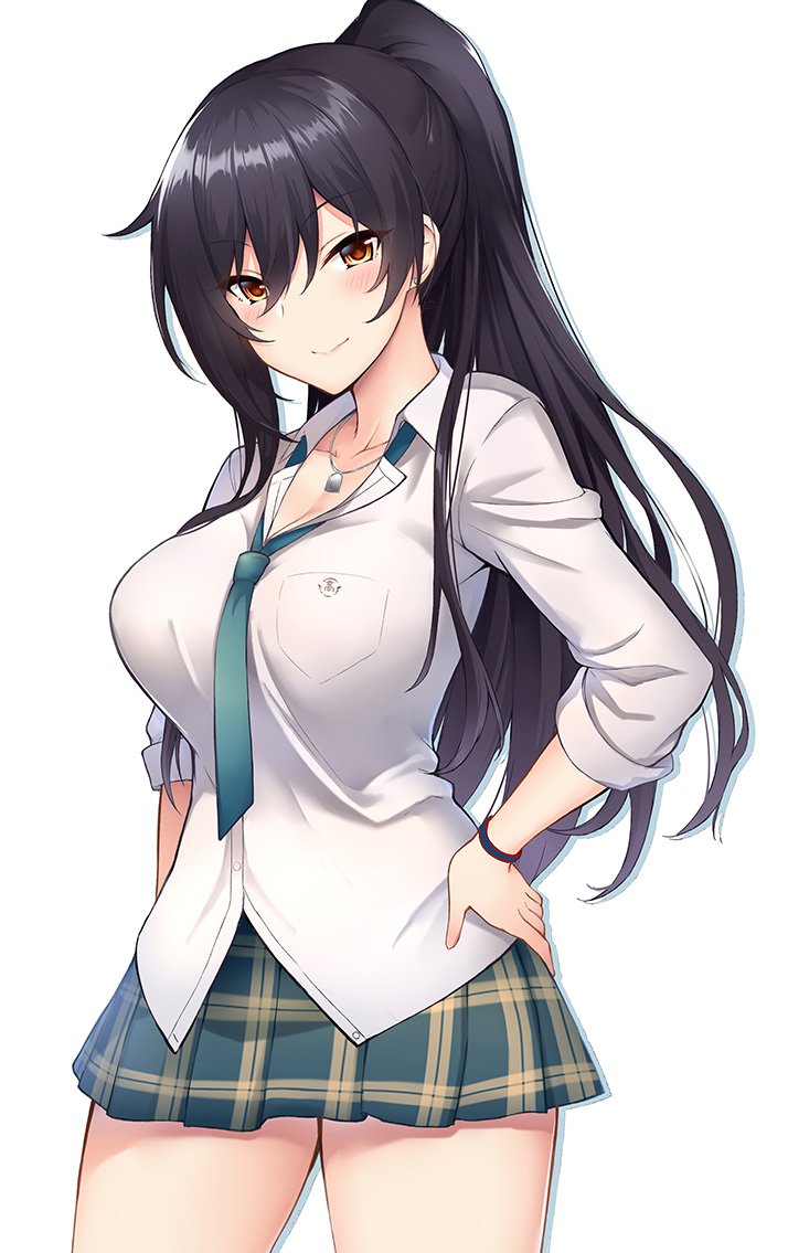 1girl, black_hair, blush, breasts, cleavage, eyebrows_visible_through_hair, green_neckwear, green_skirt, hand_on_hip, idolmaster, idolmaster_shiny_colors, kurifuto, large_breasts, long_hair, looking_at_viewer, necktie, plaid, plaid_skirt, pleated_skirt, ponytail, school_uniform, shirase_sakuya, skirt, sleeves_rolled_up, smile, solo, white_background, yellow_eyes