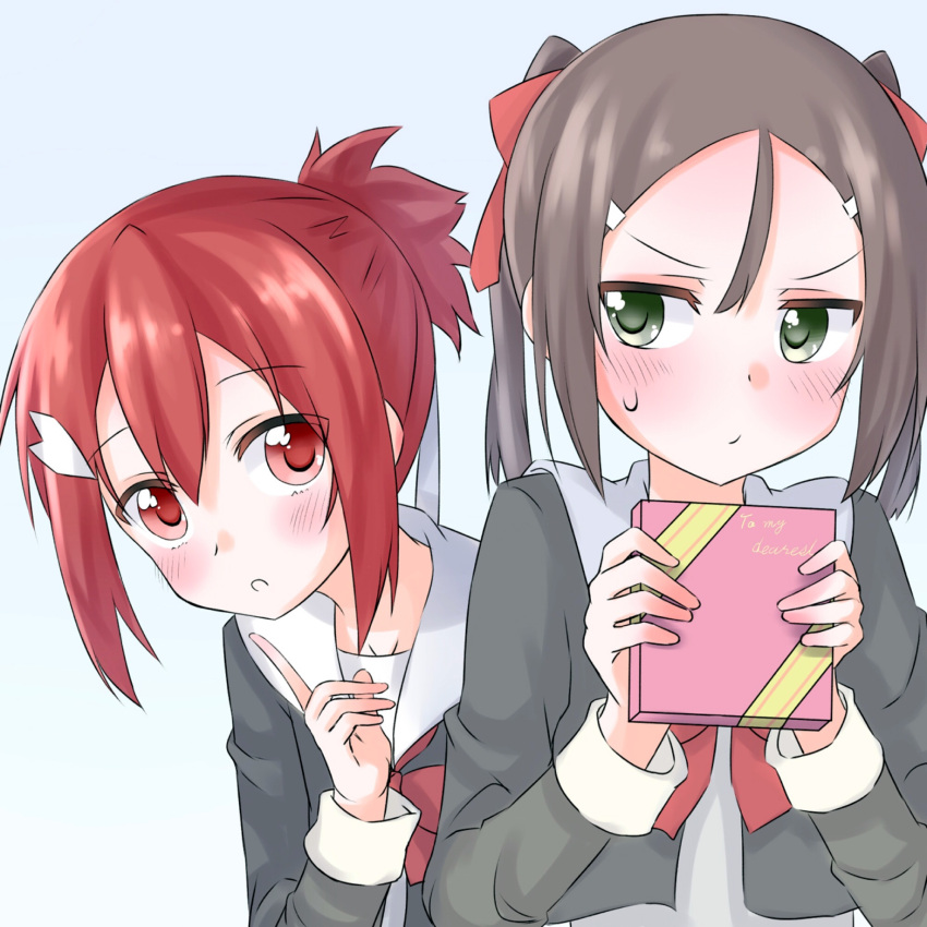 2girls, :/, bangs, blue_background, blush, brown_hair, closed_mouth, english, eyebrows_visible_through_hair, gift, gradient, gradient_background, green_eyes, hair_between_eyes, hair_ornament, hair_ribbon, hairclip, highres, holding, holding_gift, index_finger_raised, leaning_to_the_side, long_sleeves, looking_at_viewer, miyoshi_karin, multiple_girls, nose_blush, parted_bangs, parted_lips, red_eyes, redhead, ribbon, rits_(apud8788), sanshuu_middle_school_uniform, side_ponytail, sweatdrop, twintails, upper_body, white_ribbon, yuuki_yuuna, yuuki_yuuna_wa_yuusha_de_aru, yuusha_de_aru