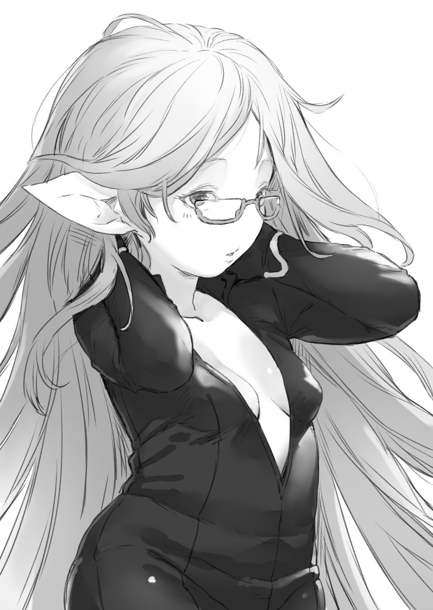 1girl, breasts, cleavage, glasses, granblue_fantasy, greyscale, hands_on_own_neck, harbin