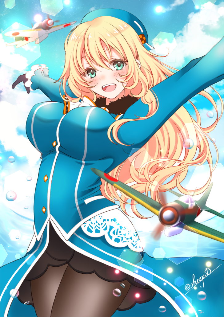 1girl, :d, a6m_zero, atago_(kantai_collection), beret, black_gloves, black_legwear, blonde_hair