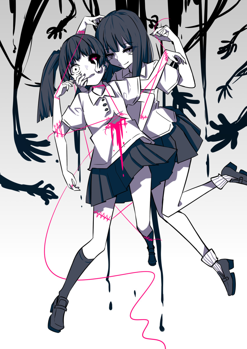 2girls, aie, bangs, black_footwear, black_hair, black_legwear, black_skirt, blood