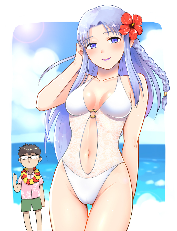 1boy, 1girl, adjusting_hair, belly_button, bikini, black_hair, blue_eyes, blue_hair