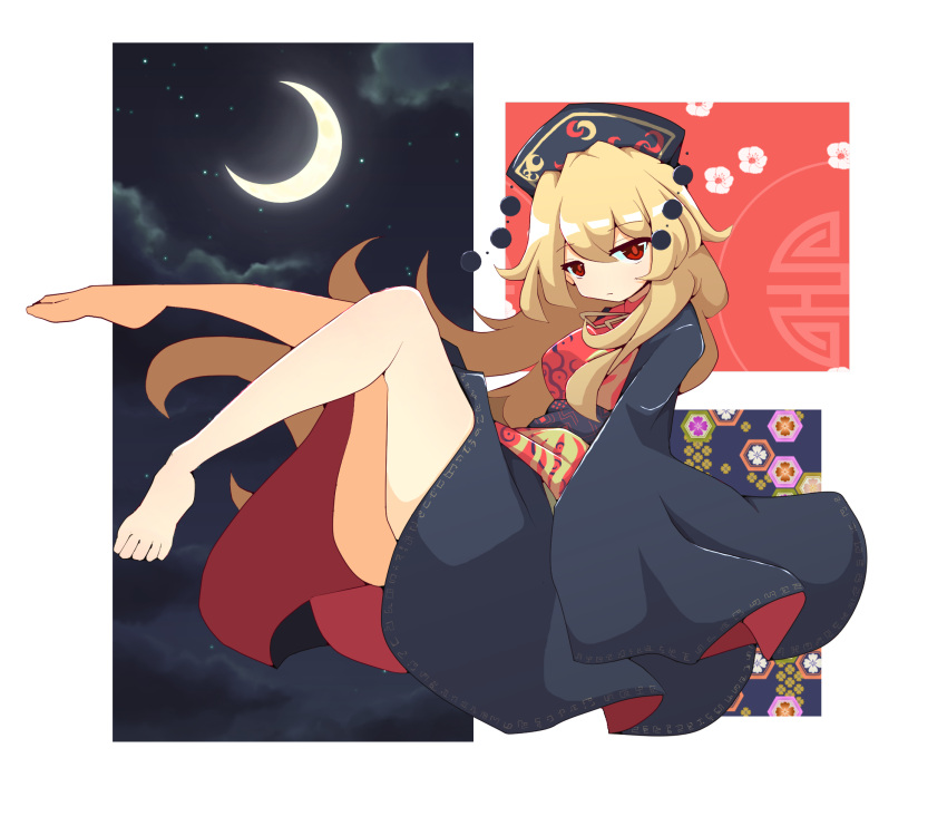 1girl, bare_legs, barefoot, black_dress, blonde_hair, chinese_clothes, commentary, dress, hat, highres, junko_(touhou), long_hair, long_sleeves, looking_at_viewer, moon, nagaresimasu, night, night_sky, no_panties, red_eyes, sky, solo, tabard, thighs, touhou, wide_sleeves