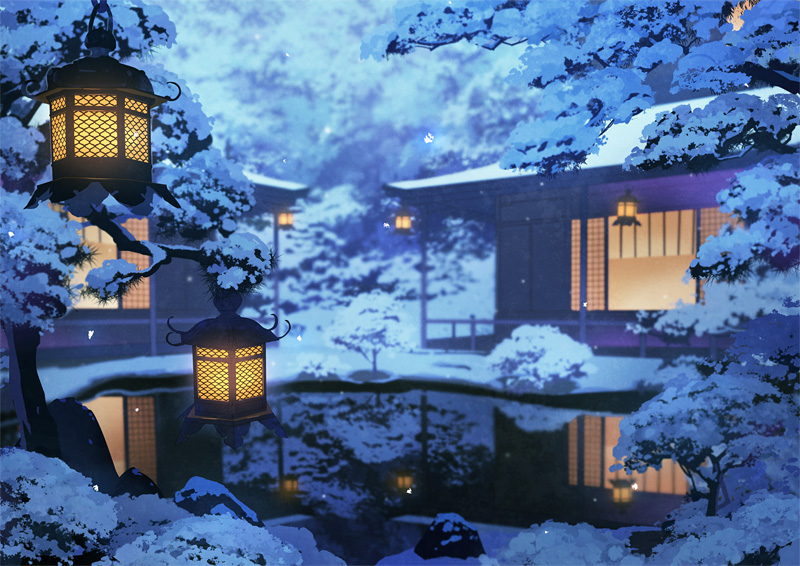 architecture, east_asian_architecture, lantern, night, no_humans, original, pond, snow, toichi_(ik07), tree, water, winter
