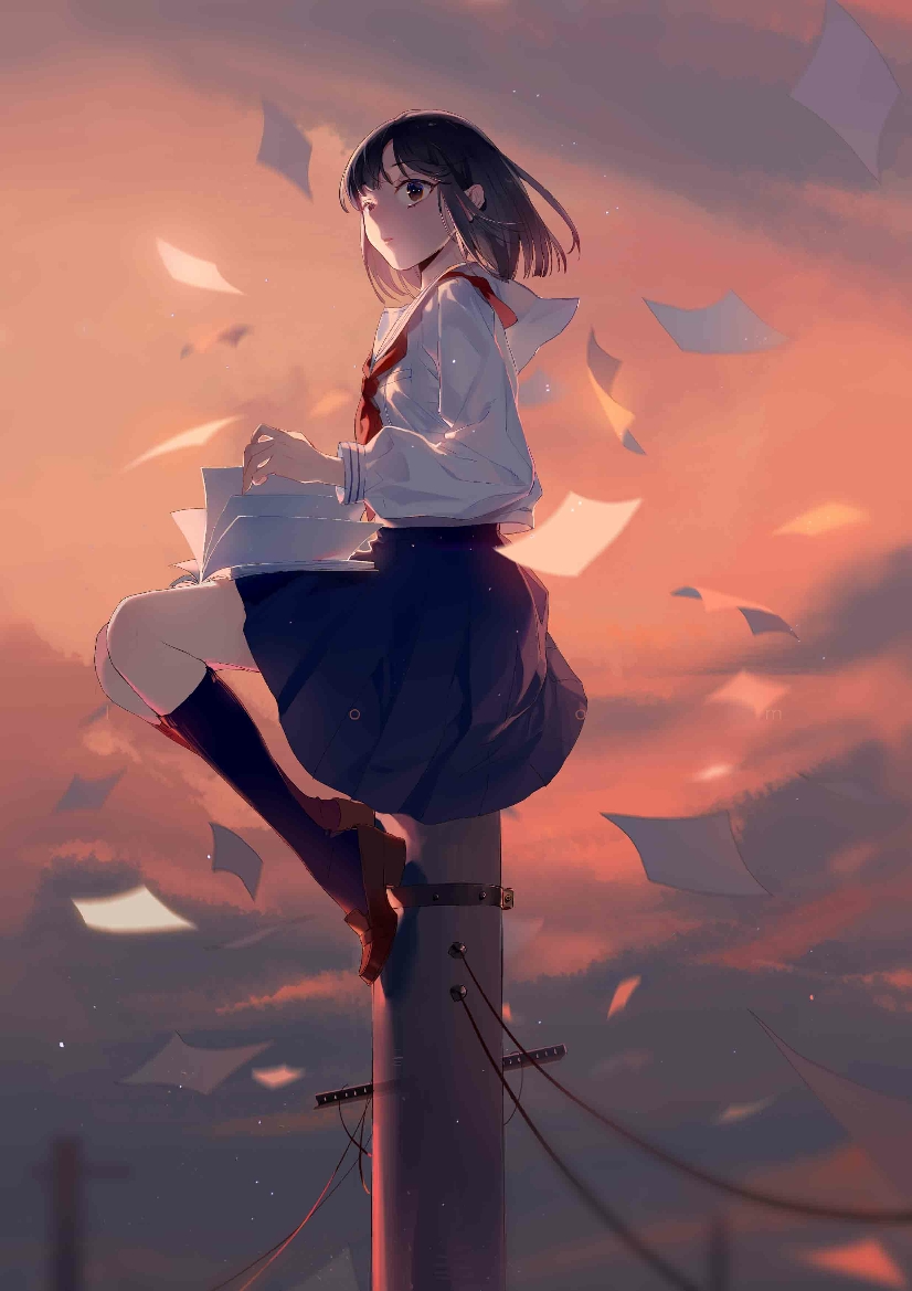 1girl, black_hair, black_legwear, blue_skirt, blurry, blurry_background, brown_footwear, brown_hair