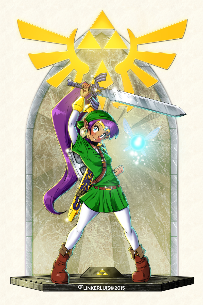 1girl, 2015, adapted_costume, arm_up, artist_name, bandanna, belt, blue_eyes, blush, boots, breasts, brown_footwear, choker, commentary, cosplay, crossdressinging, crossover, dark_skin, earrings, fairy, fist_pump, forehead_jewel, high_ponytail, highres, holding, holding_weapon, hoop_earrings, jewelry, link, link_(cosplay), long_hair, luis_parada, master_sword, navi, pantyhose, pointy_ears, purple_hair, scabbard, shantae_(character), shantae_(series), shantae_and_the_pirate's_curse, sheath, shield, small_breasts, smile, solo, sword, the_legend_of_zelda, the_legend_of_zelda:_ocarina_of_time, tiara, triforce, tunic, very_long_hair, weapon, white_legwear