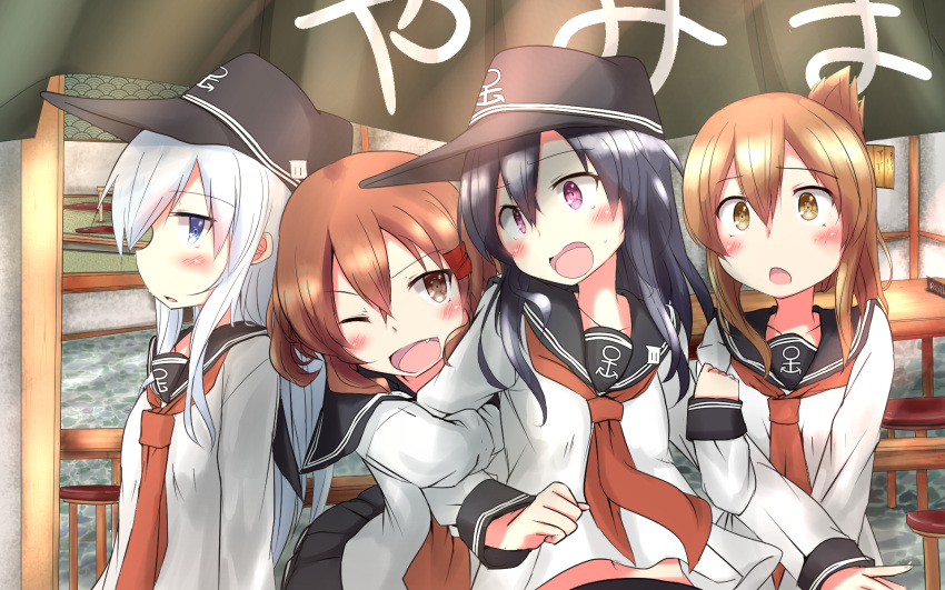 4girls, akatsuki_(kantai_collection), anchor_symbol, arm_hug, black_hair, black_sailor_collar, black_skirt, blue_eyes