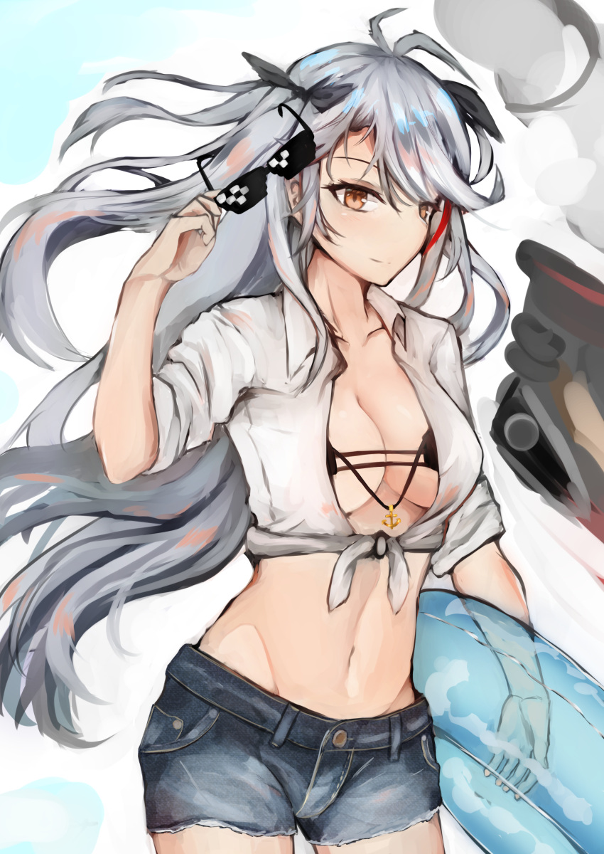 absurdres, anchor_necklace, antenna_hair, azur_lane, bikini, black_bikini, black_bow, bow, breasts, collarbone, denim, denim_shorts, glasses, hair_bow, highres, ikashun, large_breasts, navel, open_clothes, open_shirt, prinz_eugen_(azur_lane), shorts, silver_hair, swimsuit, tagme