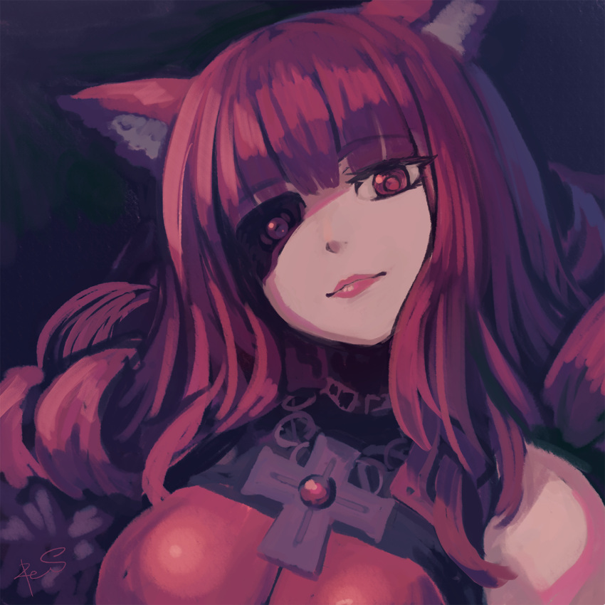 1girl, animal_ears, bangs, blunt_bangs, cat_ears, closed_mouth, commentary_request, copyright_request