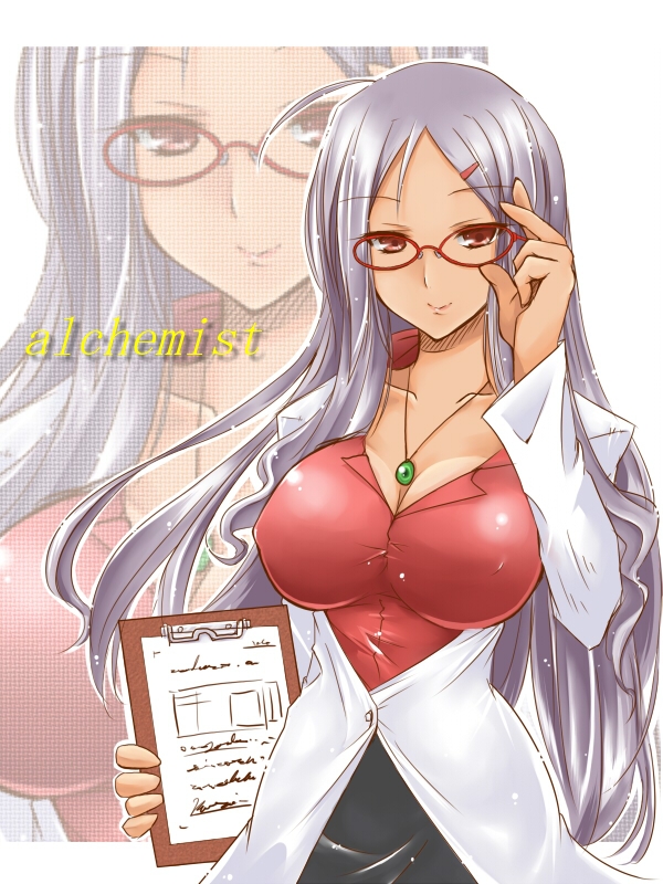 ahoge, arcana_heart, arcana_heart_2, bad_id, breasts, cleavage, clipboard, erect_nipples
