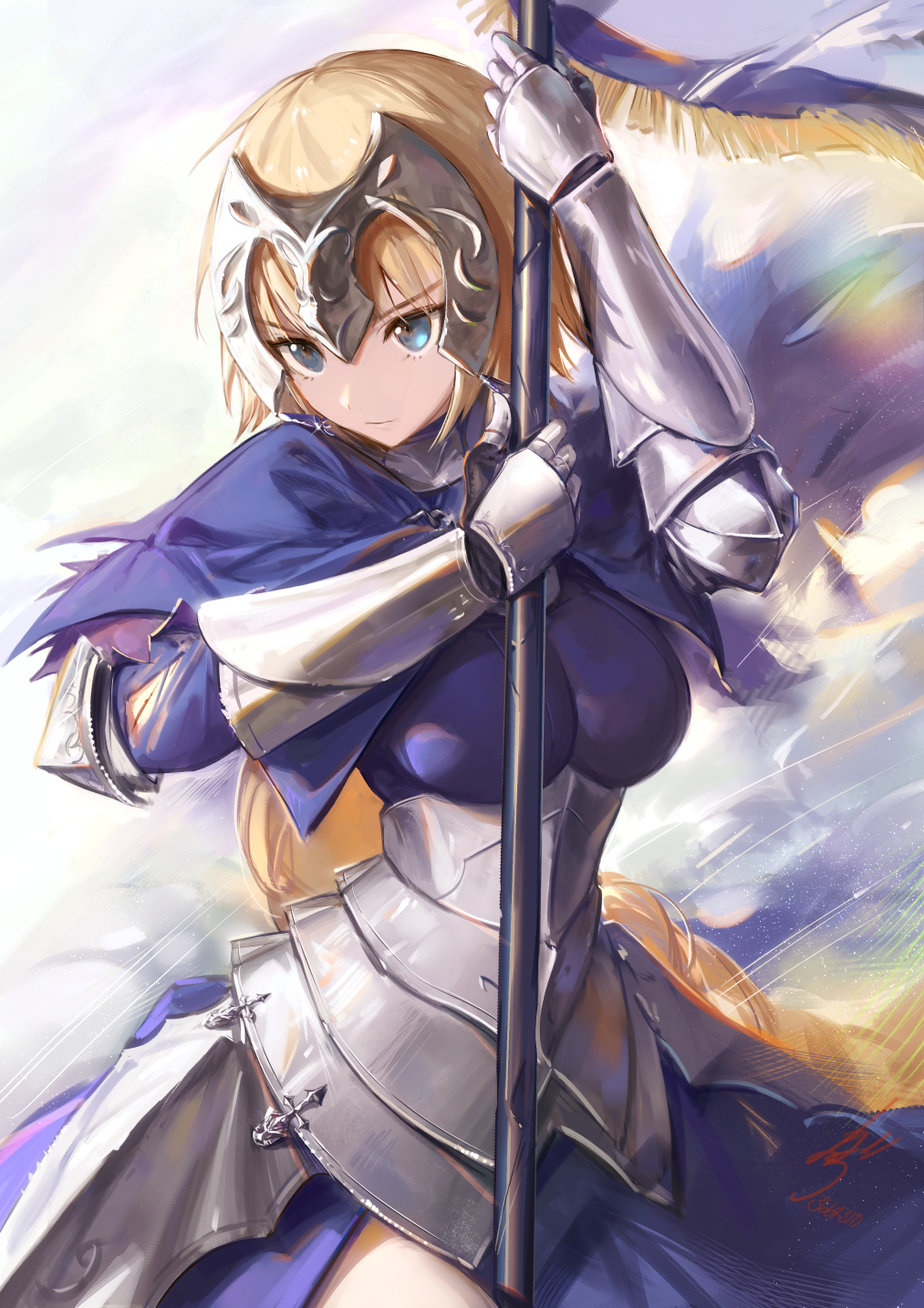 1girl, arm_up, armor, armored_dress, bangs, banner, black_gloves, blonde_hair