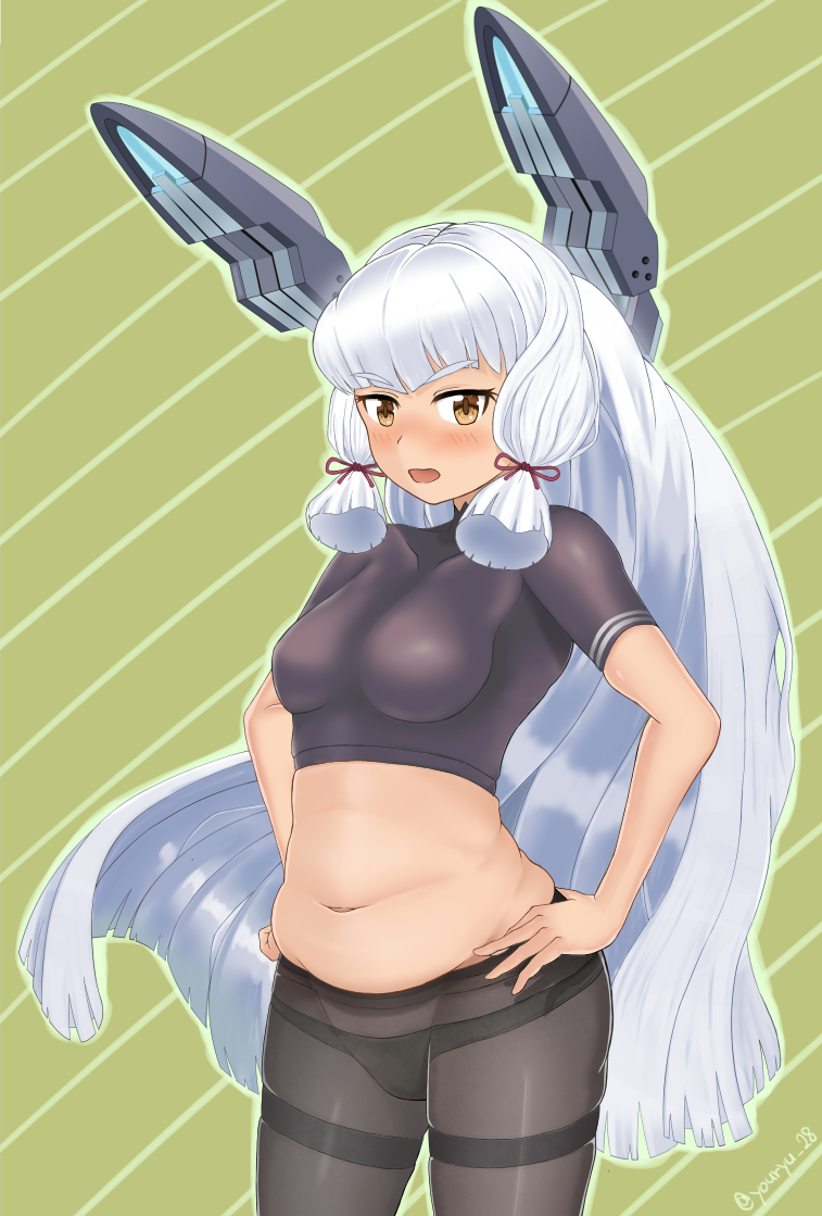 1girl, bangs, belly, black_legwear, blush, breasts, crop_top, curvy, fat, gloves, hair_ribbon, hands_on_hips, headgear, kantai_collection, long_hair, looking_at_viewer, love_handles, medium_breasts, muffin_top, murakumo_(kantai_collection), navel, open_mouth, panties, panties_under_pantyhose, pantyhose, plump, ribbon, silver_hair, simple_background, underwear, yellow_eyes, youryuu