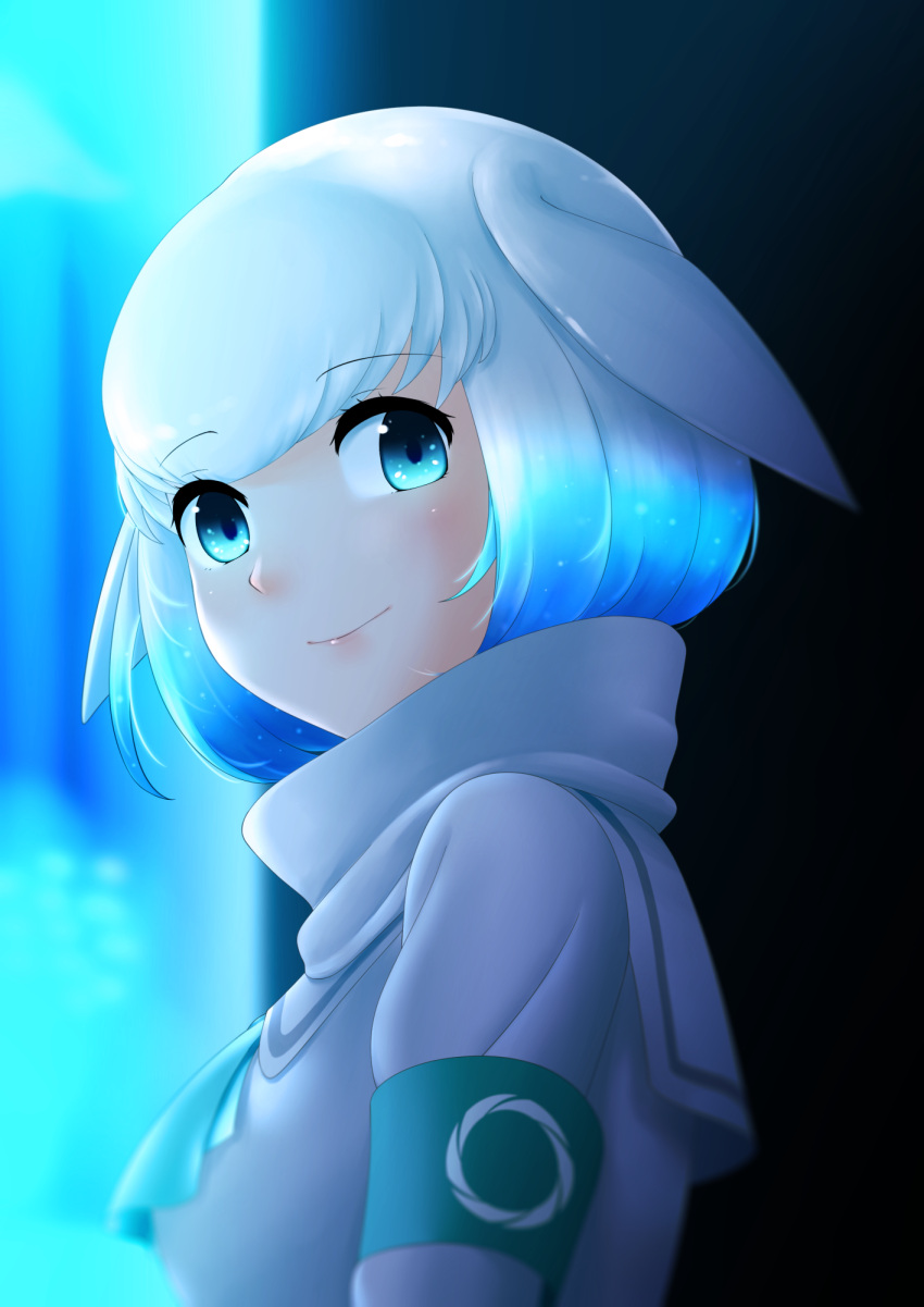 1girl, animal_ears, aquarium, armband, bangs, blue_hair, blurry, blurry_background