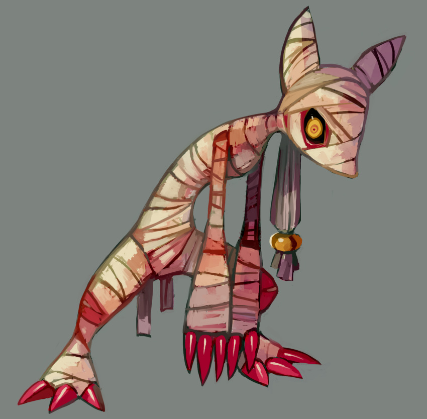 bandage, claws, commentary, creature, full_body, fushigi_no_dungeon, glitchedpuppet, grey_hair, highres, leaning_forward, legs_apart, long_hair, mummy, no_humans, pokemon, pokemon_(creature), pokemon_fushigi_no_dungeon, solo, standing, tied_hair, yellow_eyes, zoroark