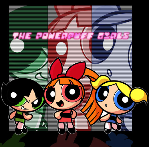 3girls, :d, :o, black_hair, blonde_hair, blossom_(ppg), blue_dress, blue_eyes, bow, bubbles_(ppg), buttercup_(ppg), copyright_name, dress, green_eyes, grin, hand_on_hip, happy, long_hair, looking_away, looking_back, multiple_girls, one_leg_raised, open_mouth, orange_hair, pantyhose, pink_dress, pink_eyes, powerpuff_girls, shaded_face, shimabo, shoes, short_hair, siblings, sisters, smile, twintails, white_legwear