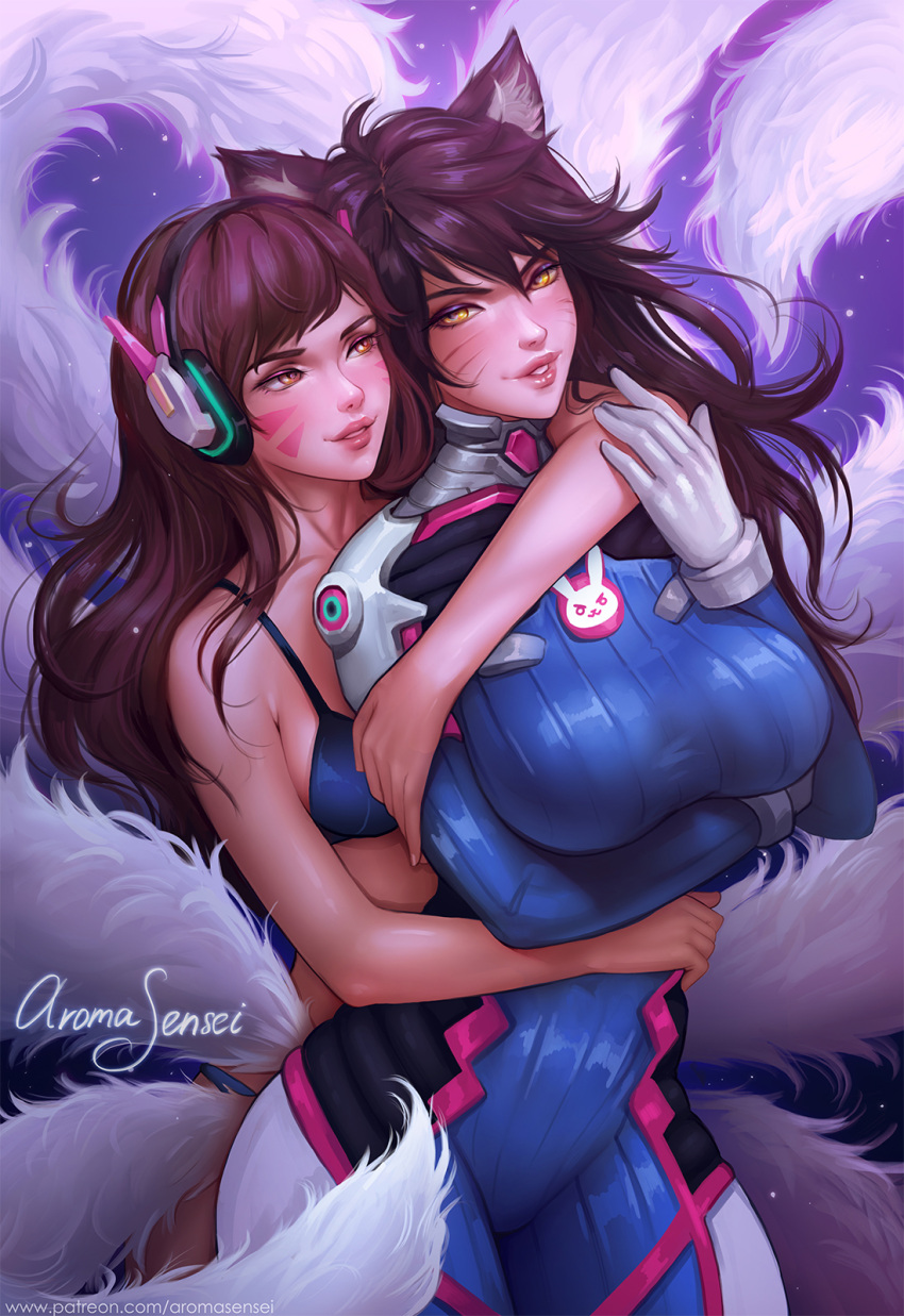 2girls, ahri, animal_ears, animal_print, arm_around_neck, aroma_sensei, artist_name, bangs