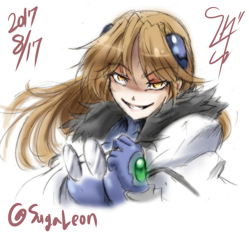 1girl, artist_name, bangs, blue_bodysuit, bodysuit, brown_eyes, brown_hair, commentary