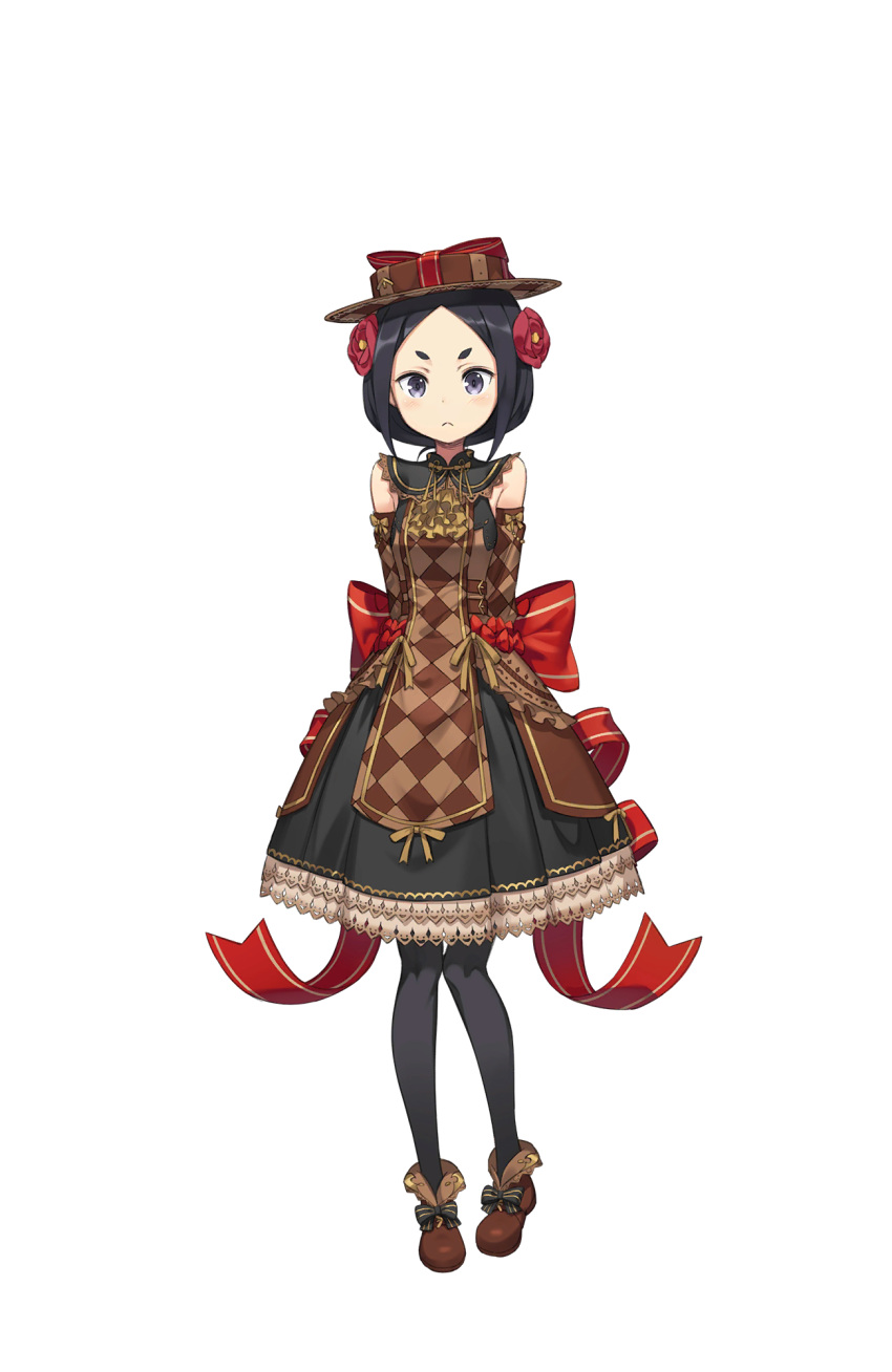 1girl, argyle, arms_at_sides, black_dress, black_eyes, black_hair, black_legwear, brown_dress