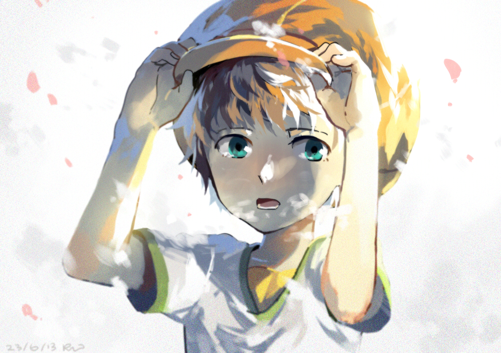 1boy, artist_name, brown_hair, dated, digimon, digimon_frontier, green_eyes, hat, himi_tomoki, male_focus, open_mouth, petals, portrait, reach_(rrrui), solo, teeth, white_background
