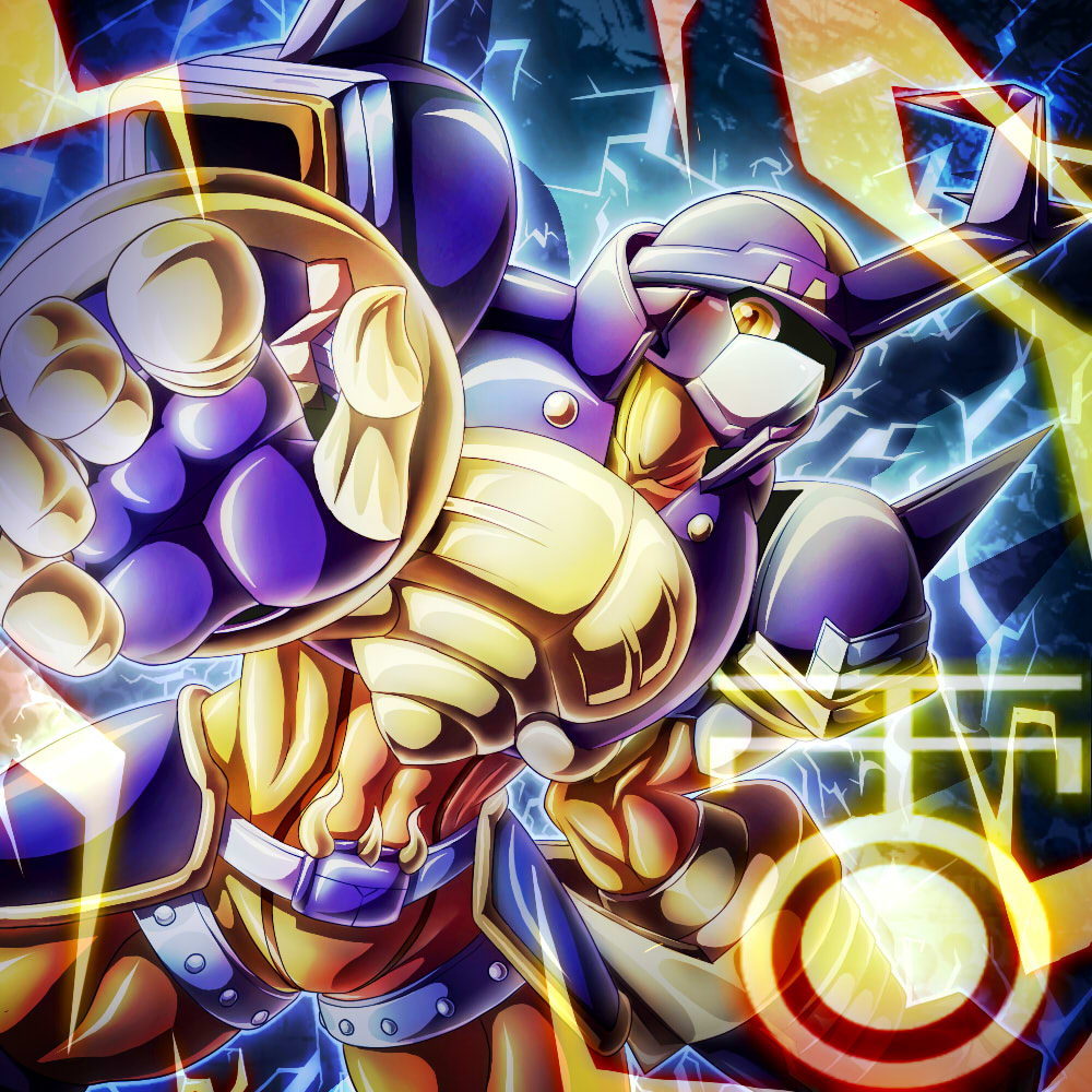 armor, blitzmon, digimon, digimon_frontier, electricity, gloves, helmet, no_humans, pikkar, solo, upper_body, yellow_eyes