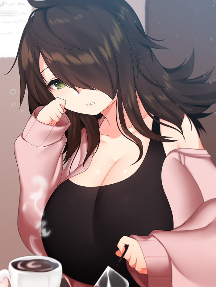 1girl, black_tank_top, borrowed_character, breasts, brown_hair, cleavage, coffee, green_eyes