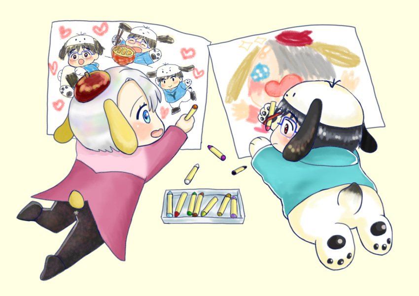 2boys, animal_ears, animal_hat, black_hair, blue-framed_eyewear, blue_eyes, brown_eyes, cosplay