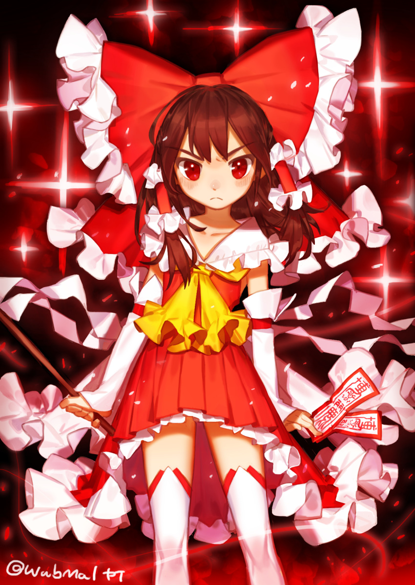 1girl, bangs, blush, bow, brown_hair, detached_sleeves, frilled_bow, frills