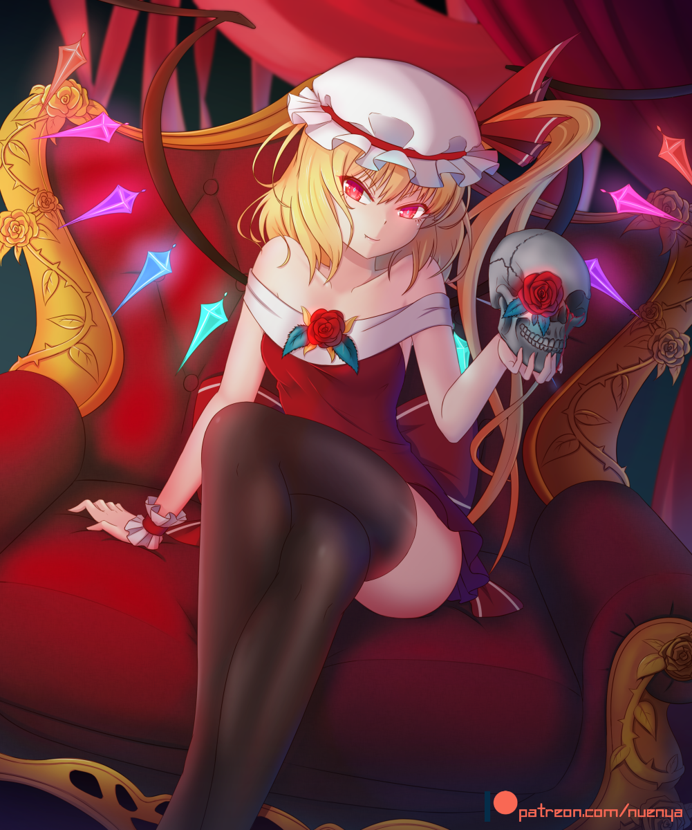>:), 1girl, alternate_costume, artist_name, bangs, bare_shoulders, black_legwear, blonde_hair