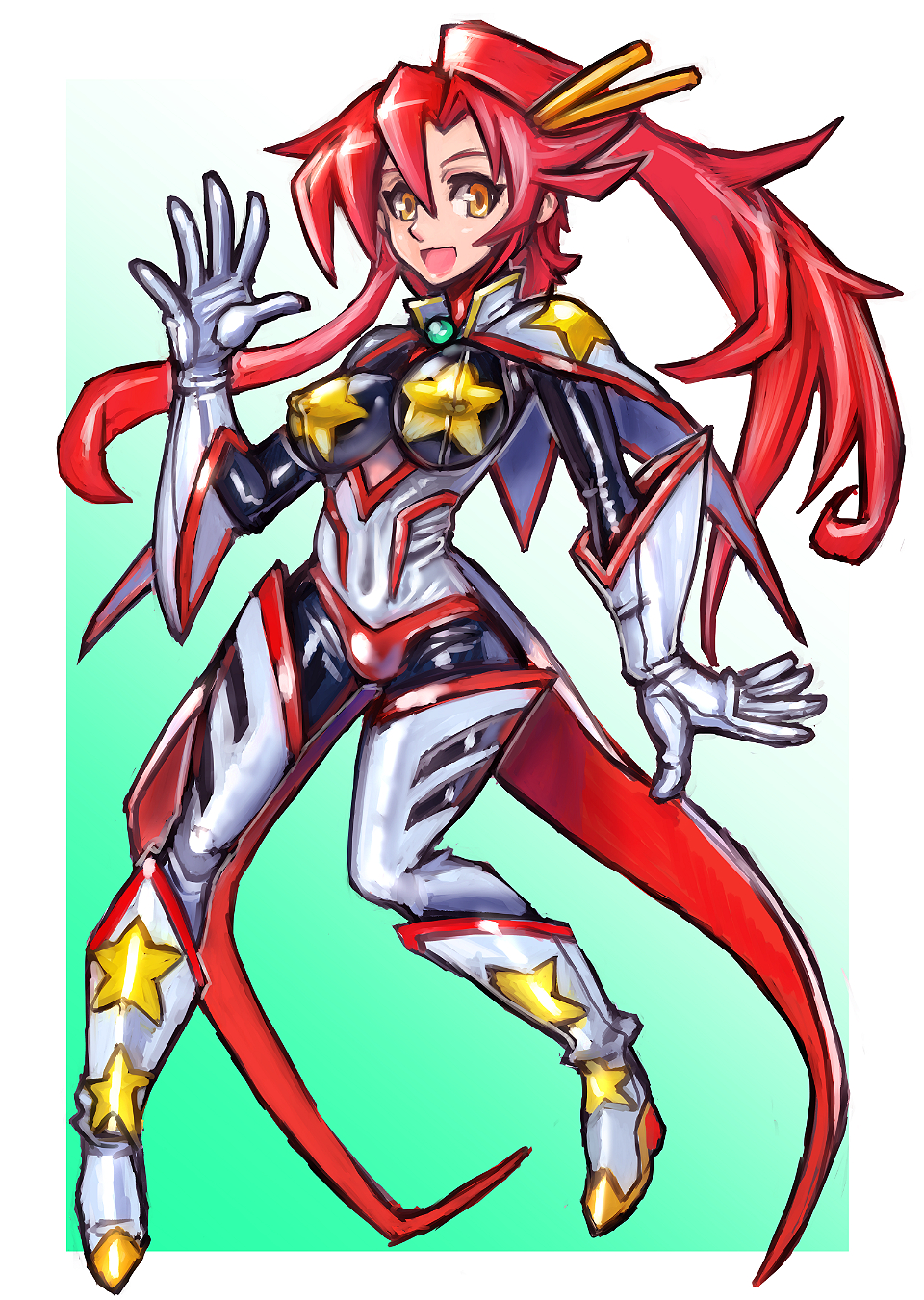1girl, :d, adapted_costume, arm_at_side, bangs, bodysuit, boots, breasts