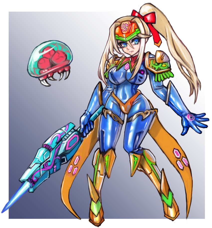 1girl, adapted_uniform, alien, bangs, blonde_hair, blue_bodysuit, blue_eyes, blue_gloves